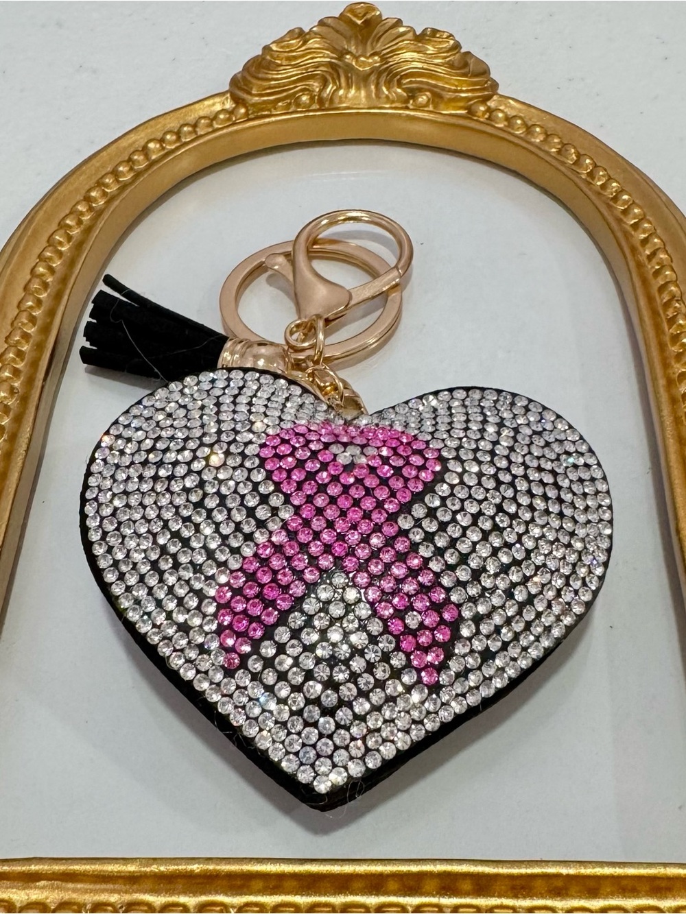 New Crystal Heart Keychain with Pink Ribbon Accent